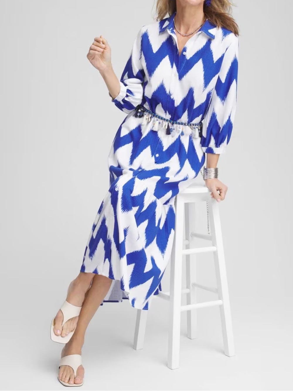 Chico’s Chevron Striped Tiered Maxi Shirtdress 3/4 Blouson Sleeve Sz 3 US XL NWT